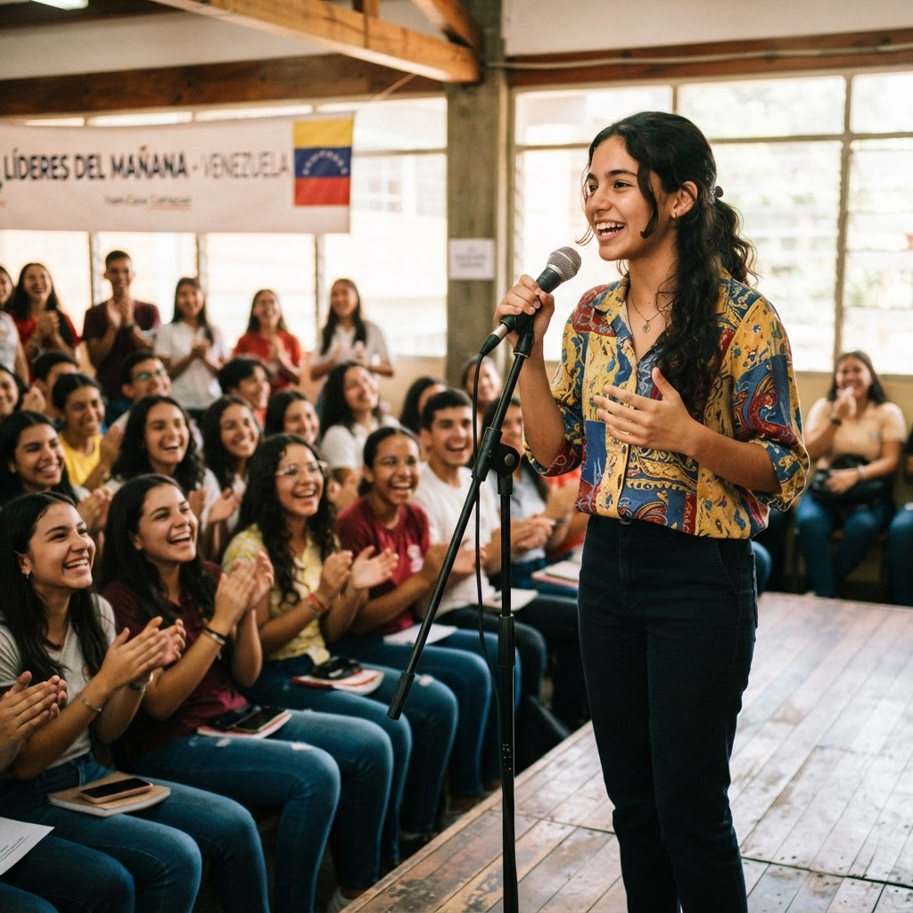 Joven venezolana hablando con confianza frente a un grupo de estudiantes